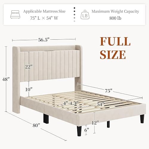 Yaheetech Full Size Bed Frame with USB Charging Station and Storage Shelf/Upholstered Headboard Platform Bed with Wing Side/Wooden Slats Support/Noise Free/No Box Spring Needed/Easy Assembly, Beige thumbnail 2