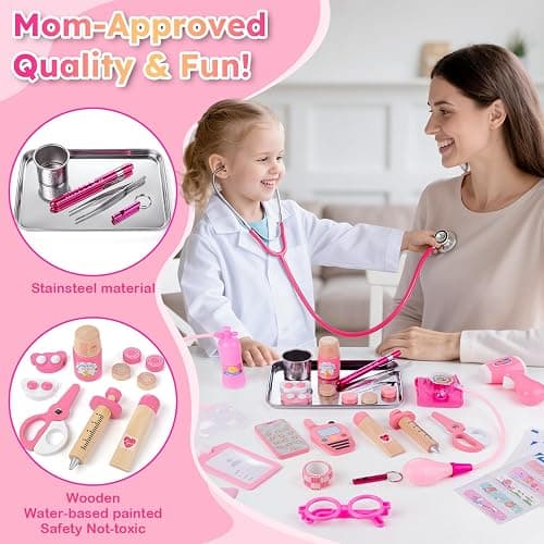 Sundaymot Doctor Kit for Girls, 34 Pcs Doctor kit for Toddlers 3-5 with Medical Storage Bag & Real Stethoscope Pretend Play Doctor Set, Doctor Play Gift for Kids Toddlers Role Play thumbnail 4