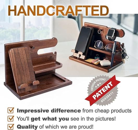 TESLYAR Wood Phone Docking Station for Men - Desk or Nightstand Organizer - Birthday Gifts for Husband, Dad - Anniversary Idea from Wife - Key Holder, Stand Wallet, Watch & Essentials (Bourbon Brown) thumbnail 5