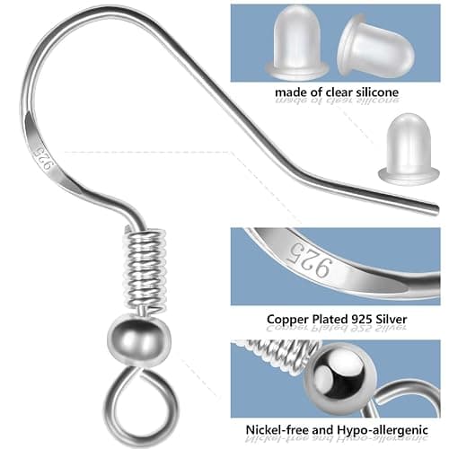 925 Sterling Silver Earring Hooks 150 PCS/75 Pairs,Ear Wires Fish Hooks,500pcs Hypoallergenic Earring Making kit with Jump Rings and Clear Silicone Earring Backs Stoppers (Silver) thumbnail 4