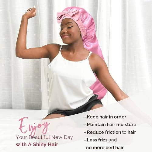 YANIBEST Long Bonnet Satin Bonnet for Sleeping Braid Bonnet with Tie Band Silk Sleep Bonnet for Women Locs Pink thumbnail 7