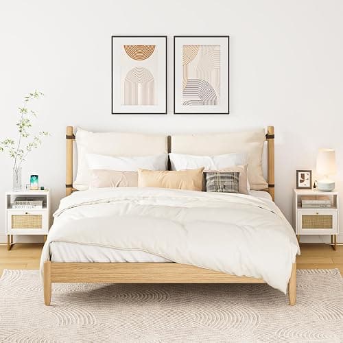 Masupu Rattan Nightstand with Charging Station,Modern Boho Farmhouse Wood Bedside Table with Storage Drawer and Open Shelf,Small Gold Frame Side End Table for Bedroom,Living Room,Office White thumbnail 6