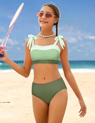 KANGKANG Girls Swimsuit Solid Color Block Adjustable Straps Teen Girl Bikini Set Kids Bathing Suits for Girls Size 7-16 thumbnail 2