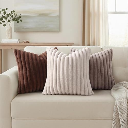 Simmore Faux Fur Couch Throw Pillow Covers 18x18 Set of 2, Decorative Soft Striped Plush Pillow Covers with Velvet Back for Sofa Bed Living Room, Chocolate thumbnail 6