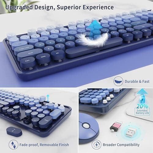 Nowlike Wireless Keyboard and Mouse Combo, Retro Typewriter Keyboard with Round Keycaps, Full-Size Ergonomic, Blue, Ideal for Windows PC, Home, Office, and College, Wireless Keyboard Mouse Combo thumbnail 4