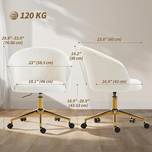 HOMCOM Swivel Office Chair, Teddy Fleece Upholstered Vanity Desk Chair with Adjustable Height, Rolling Wheels for Office, Makeup, Dressing Table, Cream White thumbnail 3