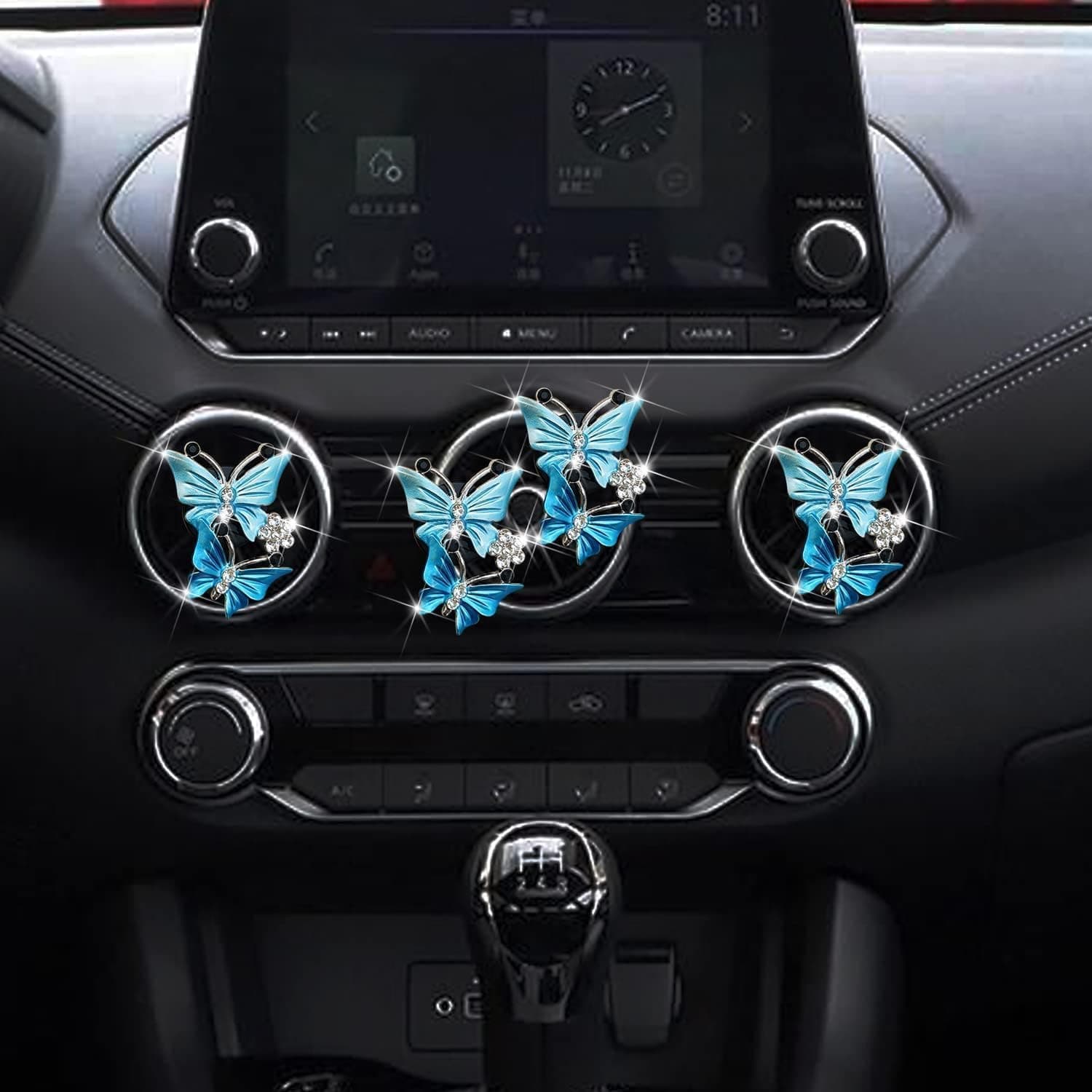 4 Pcs Butterfly Air Vent Clips, Car Vent Clips Dual Butterfly Air Vent Freshener Clip Decoration, Car Interior Decor Bling Cute Accessories Car Decoration for Women + Sunflower Mask Hook (Blue, 4) thumbnail 3