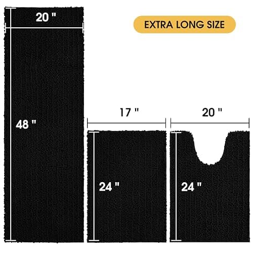 ACCUMTEK Upgrade Extra Large Black Bathroom Rug Set 3 Pieces Ultra Soft, Thick Absorbent Bath Mats, Non Slip Chenille Toilet Mat for Bathroom, Bedroom, Kitchen - 48"x20"+ 24"x17"+ U Shape 20"x24" - Black thumbnail 2