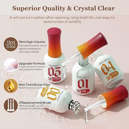 modelones Dip Powder Liquid Set 4+4 Pcs, Dip Powder System Set with Base Coat/Top Coat/Activator/Brush Saver/Manicure Tools for Nail Kit Art DIY Salon - 15ml/0.5oz thumbnail 4