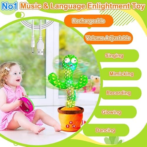 Rechargeable Dancing Talking Cactus Toy for Baby, Volume Adjustable, Singing, Mimicking, Repeating, Kids Baby Toys for Girls Boys, Birthday or Chirstmas Gifts for Grandkids, Stocking Stuffers for Kids thumbnail 3
