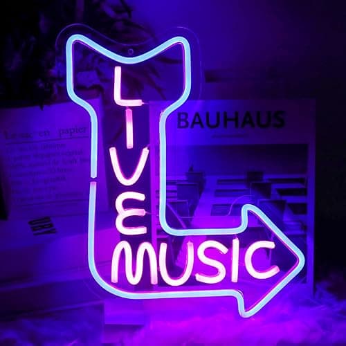 Live Music Neon Sign Pink Blue Letter LED Light for Bar Music Room Decor | Dimmable Music Neon Wall Sign, Words Neon Lights for Bedroom, Acrylic LED Sign, USB Powered, Music Studio Party Club Decor - Image 1