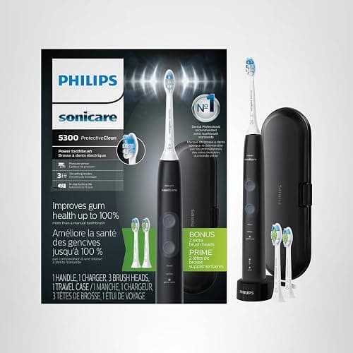 Philips Sonicare ProtectiveClean 5300 Rechargeable Electric Toothbrush, with Pressure Sensor, 3 Cleaning Modes, SmarTimer and QuadPacer, with 2 Bonus Brush Heads, Travel Case, Black, Model HX6423/34 thumbnail 8
