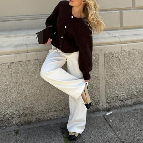 YILEEGOO Women's Solid Color Knit Cardigan Top V Neck Fuzzy Long Sleeve Button Down Sweaters thumbnail 3
