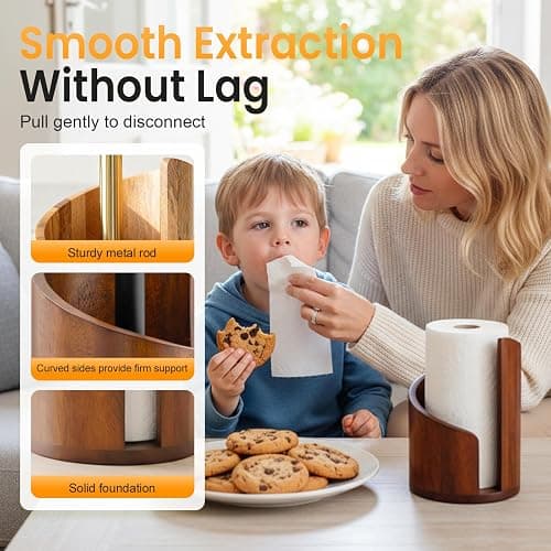Wooden Paper Towel Holder, 2026 New Mountain Paper Towel Holder Countertop with Mango Wood Base and Iron Rod Fits Standard/Jumbo Rolls, Countertop Towel Stand for Kitchen and Bathroom (Brown) thumbnail 5