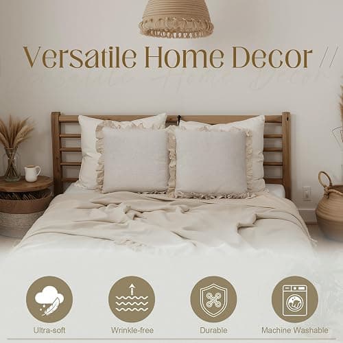 Fiwochic Set of 2 Cream White Ruffle Throw Pillows with Inserts Decorative Linen Zippered Pillows 18 x 18 Inch Include Detachable Pillowcase and Non Woven Fabric Inserts for Cushion Bed Couch Sofa thumbnail 6