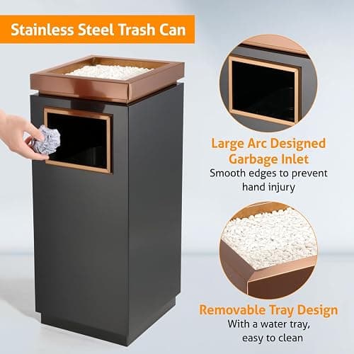 WICHEMI Commercial Outdoor Trash Can, Stainless Steel Indoor Outdoor Trash Can with Lid, Removable Inner Bucket Metal Garbage Can for Home, Office, Restaurant Elevator Entrance - 11.8×11.8×28.4 in - Black & Rose Gold - 11.8×11.8×28.4 in thumbnail 3