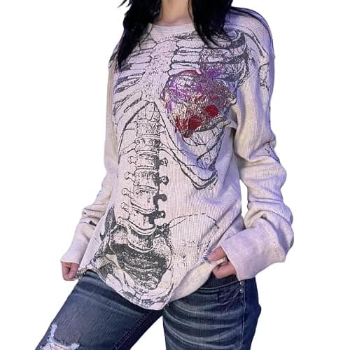 Women Vintage Fairy Grunge Y2K Long Sleeve Shirt Skull Graphic Printed Gothic Tee Tops Aesthetic Harajuku Tops - Image 1