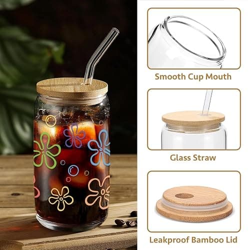 Mikopei Cute Glass Cups with Lids and Straws - Flowers and Bubbles Iced Coffee Cup for Adults, Unique Gifts for Women Men, Funny Unique Decor Party Birthday Decorations, 16 oz thumbnail 5