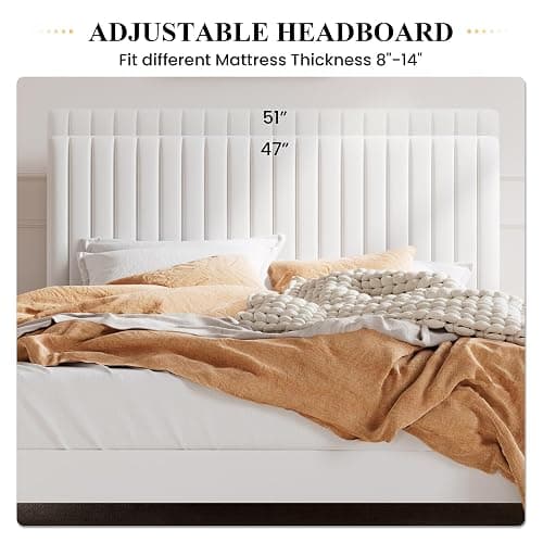 SHA CERLIN Queen Upholstered Platform Bed Frame with Vertical Channel Tufted Velvet Fabric Adjustable Headboard, Wooden Slats Support, Mattress Foundation, Box Spring Optional, White thumbnail 5