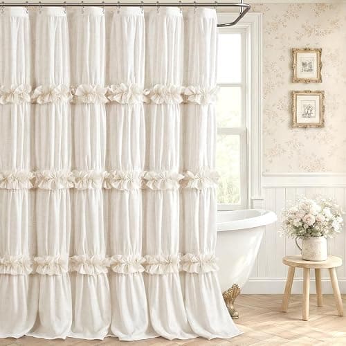 XOGUIBO Ruffle Shower Curtain with Bow Vintage Farmhouse Linen Shower Curtain for Bathroom, Cream, 72" W x 72" H - Image 1