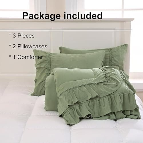 Bedding_Dreamer Sage Green King Size Comforter Set, 3-Piece Shabby Chic Ruffle Bedding, Soft Microfiber Boho Farmhouse Comforter for All Seasons thumbnail 7