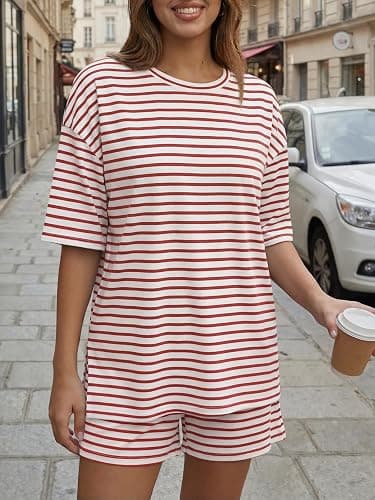 Trendy Queen Women's 2 Piece Summer Matching Set Lounge Wear with Pockets | Vacation Travel Outfit, Airport Resort Wear, Athleisure Clothing, Oversized Top & Loose Fit Shorts thumbnail 5