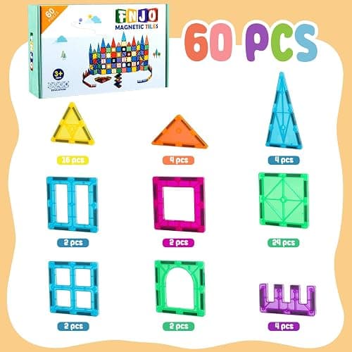 FNJO Magnetic Tiles, Magnet Building Set,60 PCS Building Blocks Set STEM Preschool Montessori Toy for Kids Boys Girls thumbnail 7