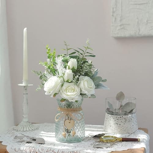 Faux Flowers with Vase,Artificial Silk Roses in Vase, Fake Plant Eucalyptus Flower Arrangement for Home Office Farmhouse Bathroom Dining Table Centerpiece Decorations Coffee Table Decor (White) thumbnail 5