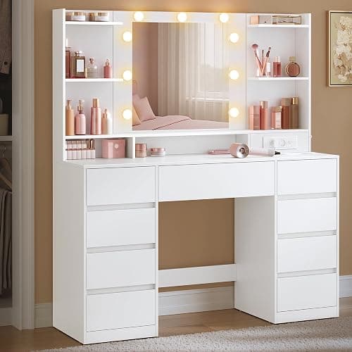 VASAGLE Kailyn Kollektion - Schminktisch mit Spiegel und LED-Leuchten, Steckdosenleiste, 9 Schubladen, 9 dimmbare Glühbirnen, 3 Lichtfarben, werkzeuglose Gleitschienen, wolkenweiß RDT141WB02 - Image 1