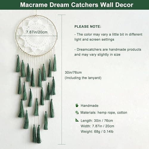 Artilady Macrame Dream Catchers for Bedroom - Tassel Wall Hanging Handmade Dreamcatchers Home Decor with Tassel Feather Ornament Craft Blessing Gift (Dark Green) thumbnail 2