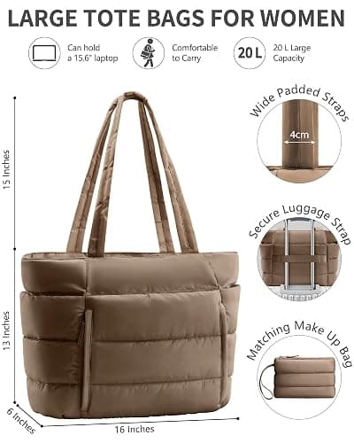 Puffer Tote Bag for Women, Lightweight Puffy Work Handbag Teacher Nurse Quilted Shoulder Bag for School Travel Gym thumbnail 2