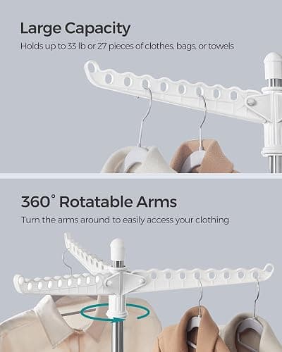 SONGMICS Clothes Drying Rack, 59-Inch Folding Laundry Drying Rack with 3 Rotatable Arms for Hangers, 4 Legs, Stainless Steel, for 27 Pieces of Clothes, White and Silver ULLR510W01 thumbnail 4