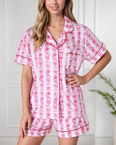 Pajamas for Womens Set Summer 2 Pece Pjs Matching Shorts Set Loungewear Palm Sleepwear for Beach Vacation, Holiday thumbnail 2