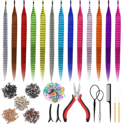 65 Pcs Hair Feathers with Hair Extension Tools, 13 Colors Long Straight Synthetic Hair Feather Extensions Kit with Microlink Beads for Women Girls Kids Daily Parties Festival - Image 1
