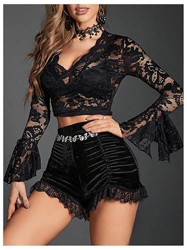 WDIRARA Women's Velvet Contrast Lace Ruched High Waist Gothic Shorts thumbnail 5