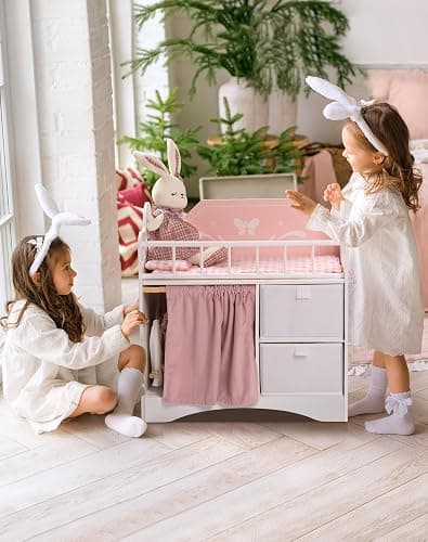 ROBUD Baby Doll Crib, Wooden Doll Bed with Storage and Bedding, of Toy Baby Crib to Kids, Pink Baby Doll Beds Suit for Dolls Under 22 Inches thumbnail 8