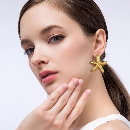 AIDSOTOU 6 Pairs Chunky Gold Earrings For Women Trendy Statement Gold Plated Flower Shell knot Dangle Earrings Lightweight Hypoallergenic Fashion Jewelry Set thumbnail 3