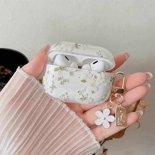 MINSCOSE Compatible with AirPods Pro 2nd/1st Generation Case Clear Case,Cute Pretty Flower Pattern Design with Floral Keychain, Soft TPU Protective Shockproof Cover for AirPods Pro/Pro 2-White Flower thumbnail 2