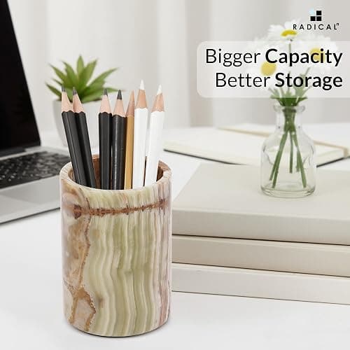 Radicaln Marble Pen Holder For Desk 4" Inches Green Onyx Handmade Stationary Holder For Office Supplies, Ideal Pencil Holders & Desk Organizer, Use for Makeup Accessories thumbnail 4