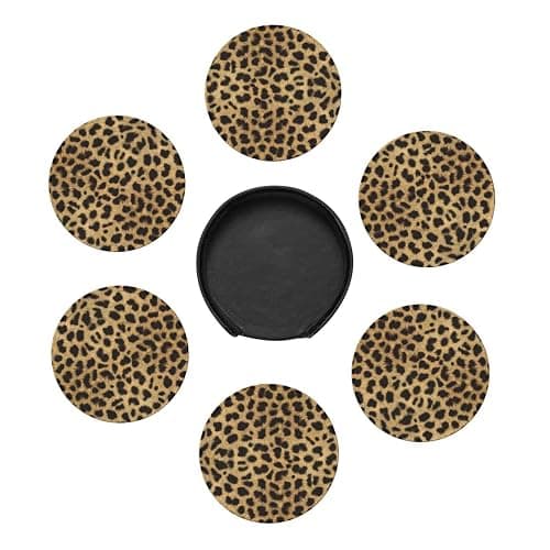 Leopard Animal Print Printed Coasters Set of 6, Pu Leather Round Coasters with Holder, Drinking Coasters Coffee Cup Mat for Bar Kitchen Home thumbnail 6