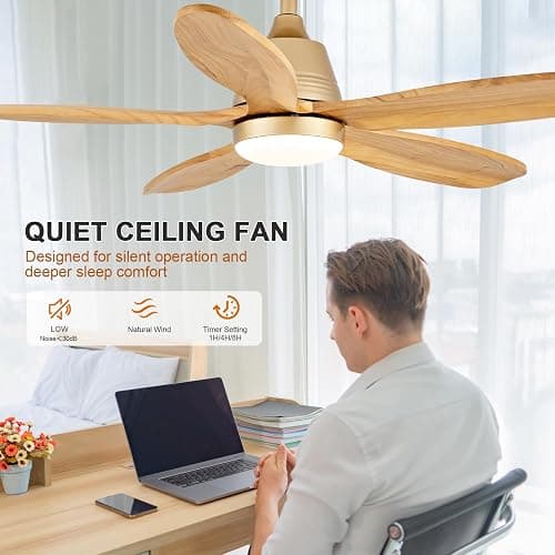 KENSID 42 Inch Wood Ceiling Fans with Lights and Remote, Modern Indoor Outdoor Ceiling Fan with Light for Patio Kitchen Dining Room, Dimmable, 5 Blades, Reversible DC Motor, Memory Function (Gold) thumbnail 8