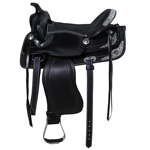 Barrel Brown Western Horse Trail Saddle Set Leather Horse Saddle with Headstall, Breast Collar Combo Rodeo Cowboy Riding Equestrian Comfortable Ride Black Saddle Tack Set thumbnail 2