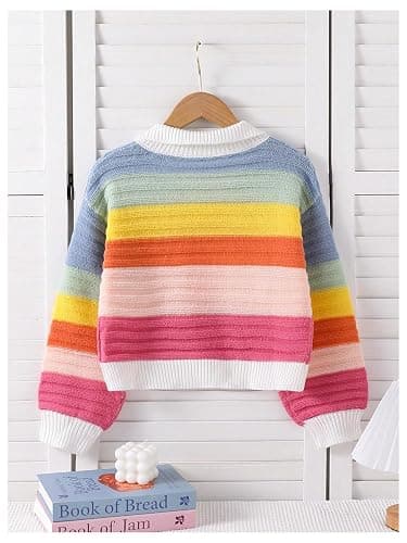 SweatyRocks Girl's Colorful Striped Sweater Collared Colorblock Long Sleeve Loose Pullover Top thumbnail 2
