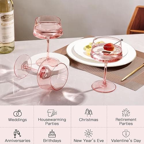 JOVGANK Pink Coupe Glasses Set of 6, Hand Blown Pink Martini Glasses 13Oz, Champagne & Cocktail Luxury Glasses, Bar Manhattan and New Year Martini Glass, Christmas gifts for Ice Cream Dessert thumbnail 6