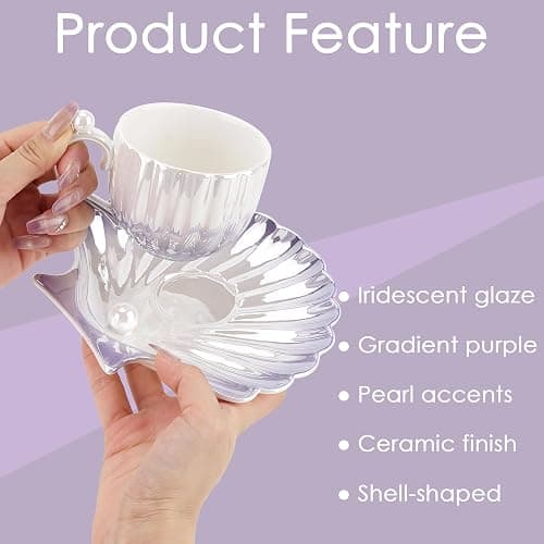 DODAMOUR Pearl Shell Cup and Saucer Set, 8oz Gradient Purple Ceramic Coffee Mug with Finish and Pearl Handle, Vintage Tea Cup with Shell Plate for Cappuccino, Latte, Home or Gift (Purple) thumbnail 4