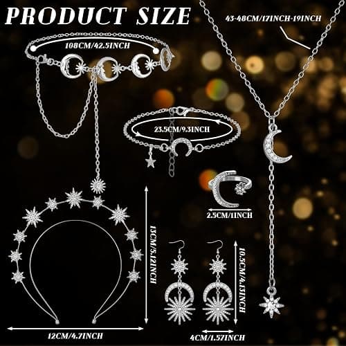 Glenmal 6 Pcs Halloween Crown Moon Star Headband Celestial Earrings Belt Jewelry for Wedding Moon Goddess Costume Accessories thumbnail 3