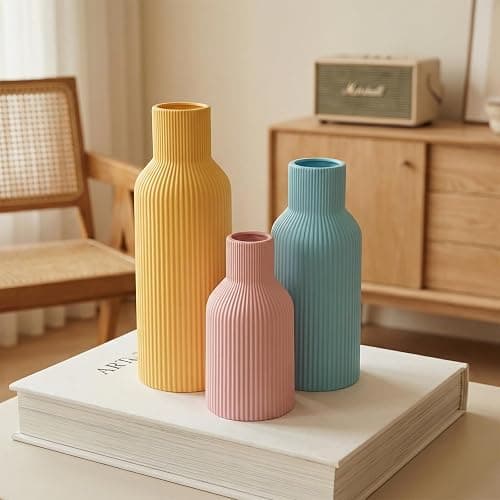 TrendEcoHome Colorful Ceramic Vases Set of 3, Matte Round Vertical Ribbed,Minimalist for Pampas Dried & Fresh Flowers, Centerpiece for Living Room, Shelf, Entryway, Wedding (Pink, Blue, Yellow) thumbnail 5