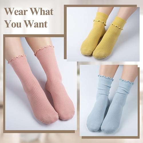6 Pairs Cute Floral Ruffle Crew Socks Women, Breathable Cotton Novelty Casual Girls Above Ankle Funny Socks US 5-10 thumbnail 5
