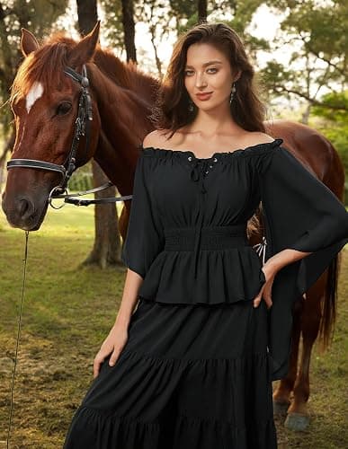 Scarlet Darkness Women Renaissance Shirt Off Shoulder Bell Sleeve Tops | Smocked Waist, Comfortable Chiffon, Elastic Neckline, for Ren Faire, Peasant, Pirate, Halloween Costume thumbnail 4