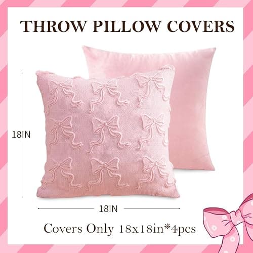 HEIFAM Pink Bow Throw Pillow Covers 18x18in, Pink Throw Pillow Cases Set of 4, White Bow Pillow Covers Decorations Faux Fur Soft, Bowknot Preppy Stuf Pillowcovers for Holiday Sofa Couch Home Decor thumbnail 3